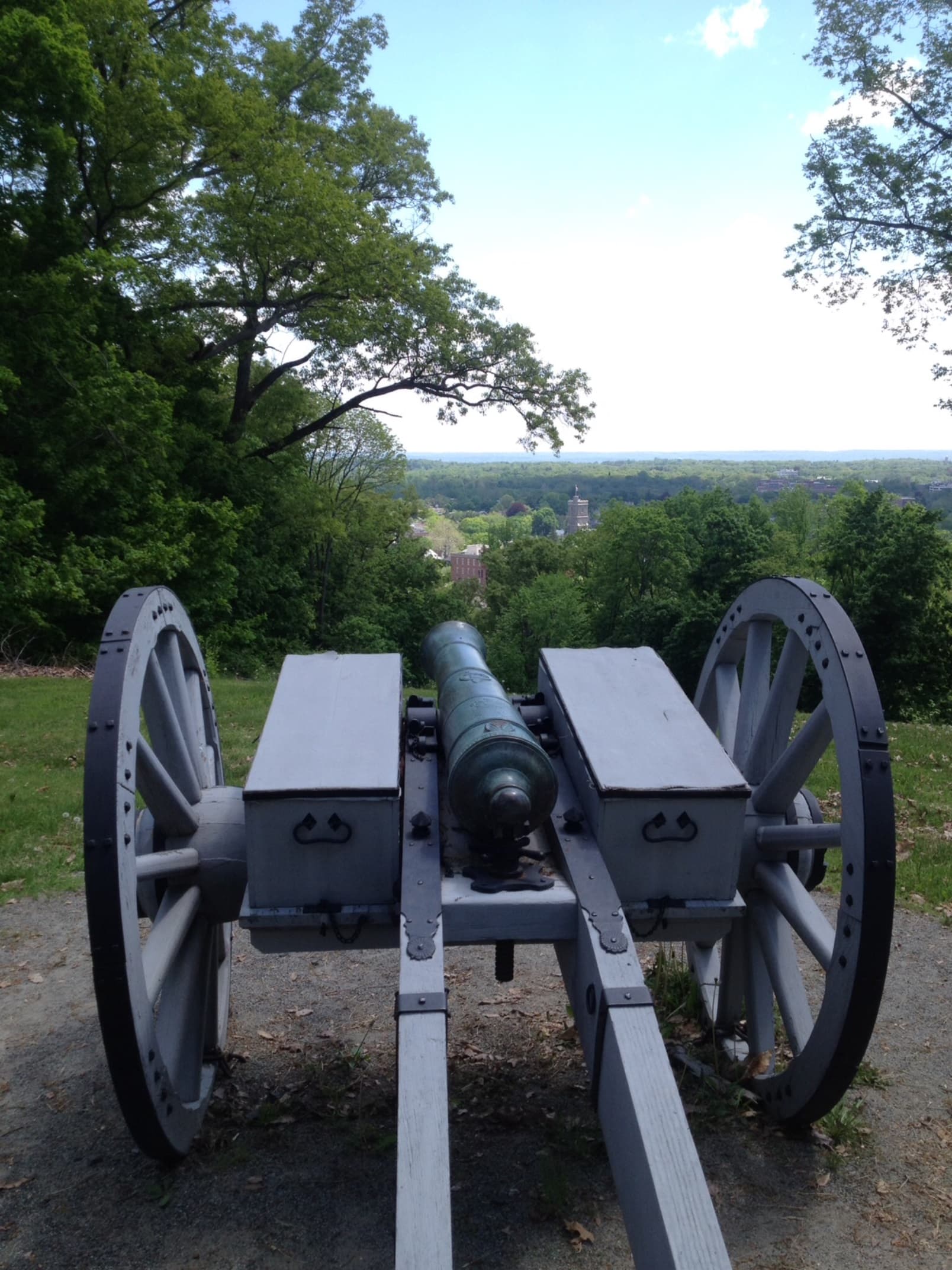 The replica cannon overlooks the town of Morristown from Fort Nonsense.