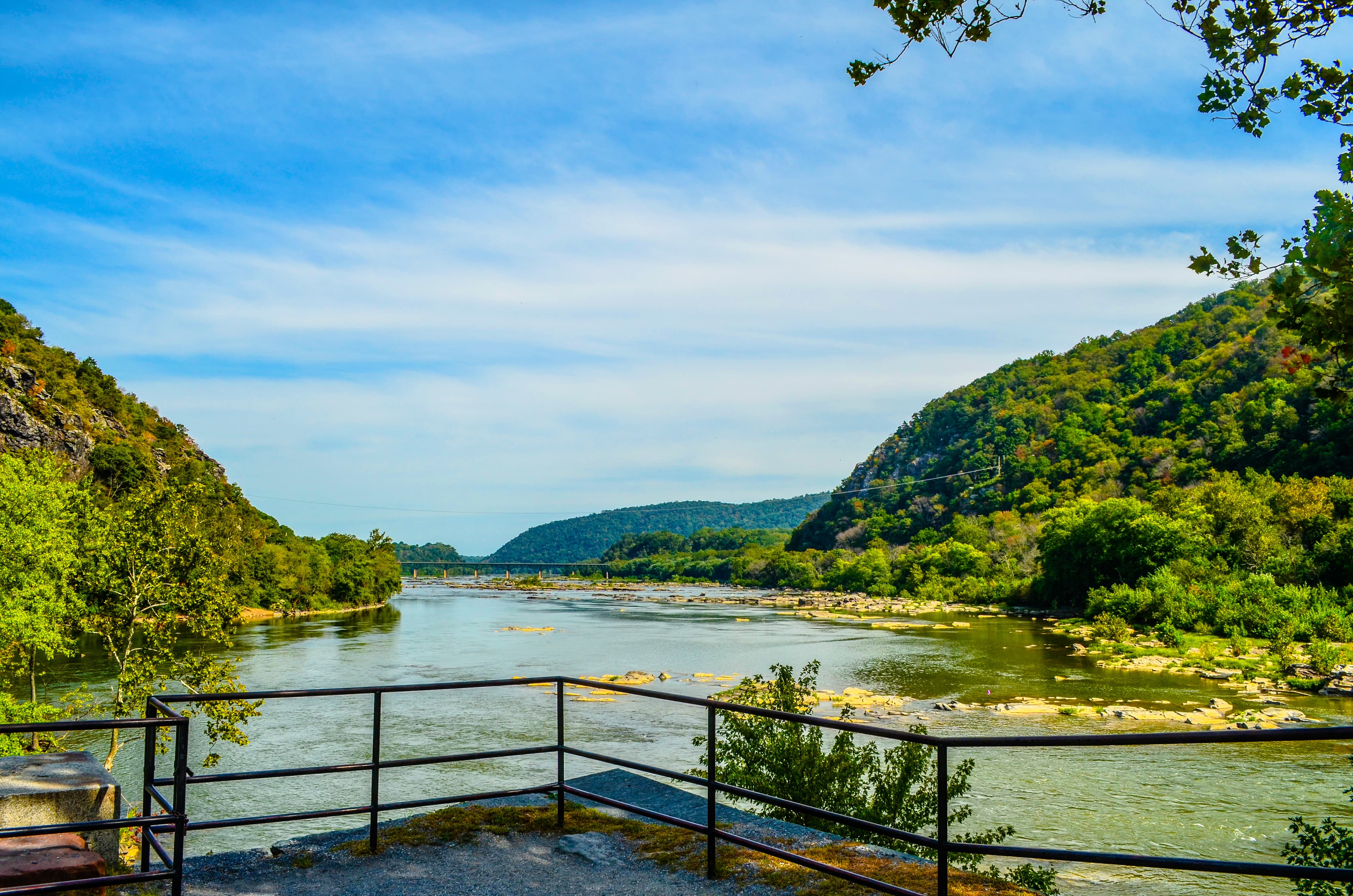 vista where two rivers converge; visible gap in the Blue Ridge Mountain range