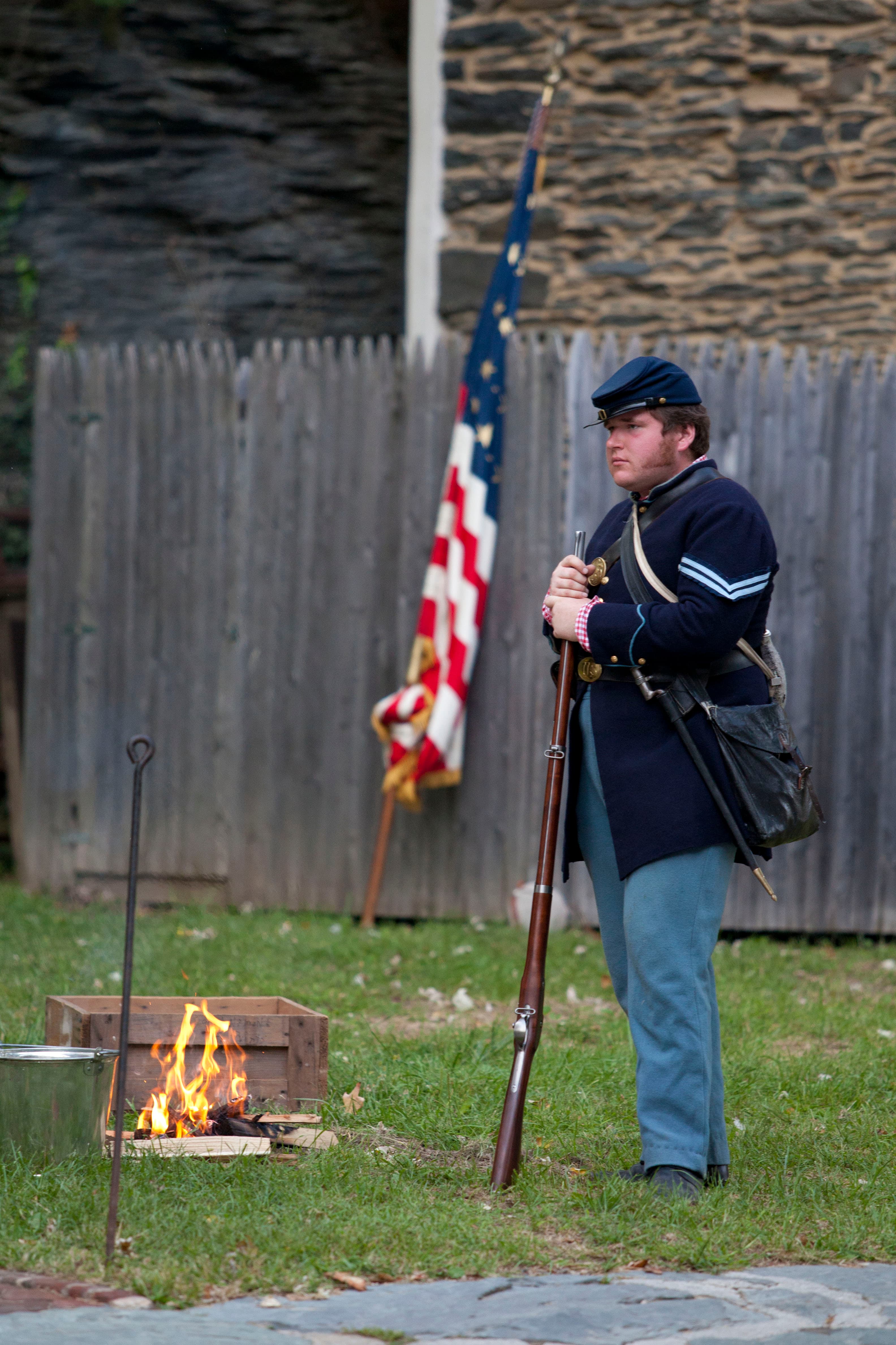 A historical reenactor in the lower town of Harpers Ferry.
